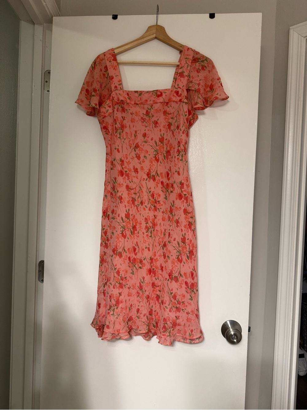 NWT Vintage David Warren 100% Silk Pink Red Floral Square Neck Romantic Dress